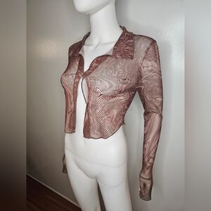 Sheer Marble Print Open Front Blouse Retro Y2k Size Small Long Sleeve